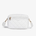 White quilted crossbody bag for women with elegant gold zippers and diamond stitch pattern - White