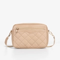 Classic beige quilted crossbody bag with gold hardware and front zipper pocket on white background - Apricot