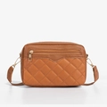 Detailed view of brown quilted handbag with metal zipper and gold hardware - Brown