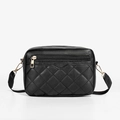 Close-up of black quilted PU leather crossbody bag with gold-tone hardware zipper - Black