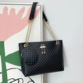 Black twill barrel bag with heart swan crystal pendant and round coin purse - Black Polka Dot