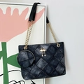 Deep grey quilted denim cylinder crossbody bag with golden chain and round coin purse - Black Denim