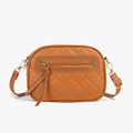 Deep camel quilted crossbody camera bag with three zippers and golden hardware details - Dark Brown
