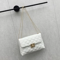 White quilted flap shoulder bag with gold chain strap and metallic twist lock closure - White