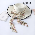 Chic beige straw sun hat with wide wavy brim and elegant yellow plaid ribbon bow - Cream Plaid (LJ16-3)