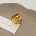 Detail of wide gold adjustable open ring featuring irregular molten metal texture - Solid Gold Mirror Wrinkle Ring (C-81)