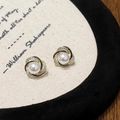 Elegant gold earrings with black enamel, white pearl center and sparkling zircons - Black Enamel Zirconia Pearl Studs (A-984)