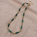 Close-up of malachite beads and golden spacers on burlap background with lobster clasp - Green Bamboo Joint Natural Stone Beaded Necklace