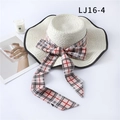 Elegant beige straw sun hat with pink plaid ribbon and chic french style bow - Pink and Gray Plaid (LJ16-4)