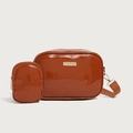 Glossy PU leather caramel brown crossbody bag with matching mini pouch and wide strap - Tan