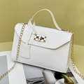 White faux leather crossbody bag with golden square twist lock and metal chain strap - 19*6*13cm / White
