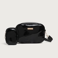 Glossy black PU leather crossbody bag set with mini coin purse and wide strap - Black
