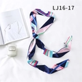 Narrow long silk scarf with navy and pink geometric pattern on a white surface - Geometric Color Block (LJ16-17)