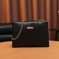 Black quilted chain crossbody bag with V-shaped stitching and gold metal buckle - Black Quilted (Wave Chevron)