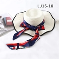 Women's woven straw hat with black wavy brim and navy geometric pattern ribbon tie - Navy Red and Blue Geometric (LJ16-18)