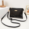 Classic black crocodile pattern envelope crossbody bag with elegant gold metal plate - Black