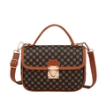 Sac Kelly marron foncé avec motifs trèfles dorés, poignée et bandoulière amovible femme - Marron Imprimé