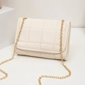 Elegant cream quilted leather shoulder bag with fine gold chain strap and luxury finish - Diamond Pattern / White