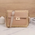 Minimalist woven straw crossbody bag with khaki leather trim and gold twist lock - Apricot