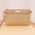 Woven crossbody bag with brown leather trim and golden chain strap for summer style - Apricot
