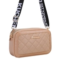 Close-up of beige quilted crossbody camera bag with adjustable wide fabric strap - Khaki