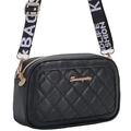 Black quilted crossbody camera bag with gold hardware and stylish lettered web strap - Black