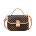 Vintage Kelly bag in dark brown leather with gold clover print and top handle - Khaki Floral Print