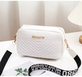 Detail of white quilted crossbody bag with gold logo and stylish wide fabric strap - White