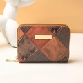 Portafoglio corto con patchwork bronzo e grigio, paillettes e placca in metallo - Rosso Mattone