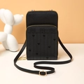 Black vegan leather phone crossbody bag with embroidered bow and gold dual zippers - Black