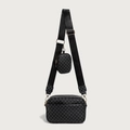 Detail of black printed crossbody bag with gold hardware and small round pouch attachment - Black