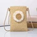 Straw woven crossbody phone bag with white daisy charm and thin shoulder strap - Khaki