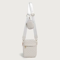 Borsa a tracolla 2-in-1 con motivo monogramma beige e mini pochette rotonda su cinturino - Bianco
