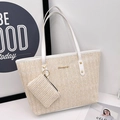Fashionable beige woven straw tote bag with dual handles and matching small coin purse - White