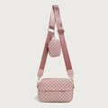 Vintage Umhängetasche in Rosa mit Monogramm-Muster, breitem Gurt und kleiner Geldbörse - Rosa
