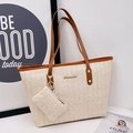 Straw tote bag set with V-shaped weave and brown leather handles in beige white - Brown