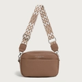Borsa a tracolla in pelle marrone con ampia tracolla in tessuto stile etnico - Marrone