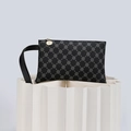 Detail of black monogram clutch bag with gold zipper and stylish wristlet strap - Black (S-Type Monogram)