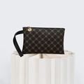 Detail of dark brown clutch bag with geometric gold logo print and metal zipper closure - Coffee (Gold Monogram)
