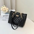 Large black quilted tote bag with golden metal chain straps and turn-lock closure - Black Argyle