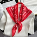 Élégant foulard en soie rouge à motifs paisley sur un pull en maille rayé - Rouge Paisley