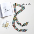 Slim long neck scarf in bean green with gold chain pattern and diagonal cut ends - Bean Green Chain Print (LJ16-35)