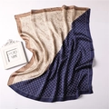 Detail of paisley and heart pattern patchwork on silk-like scarf with satin finish - Navy Blue and Beige Paisley