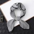 Detail view of houndstooth silk scarf with elegant black rolled edges and abstract patterns - 70*70cm / Black Border/FJ161-2