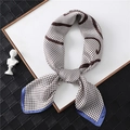 Elegant houndstooth silk scarf with brown abstract patterns and navy blue border trim - 70*70cm / Blue Border/FJ161-3