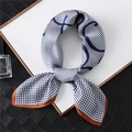 Detail of blue houndstooth silk square scarf with orange borders on a black background - 70*70cm / Brown Border/FJ161-6