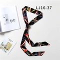 Elegant narrow black silk scarf with red stripes and golden chain belt pattern print - Black Lock Chain (LJ16-37)