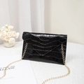 Glossy black crocodile pattern envelope clutch bag with elegant light gold chain strap - Black