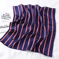 Detail of silk-textured square scarf featuring classic navy blue and red vertical stripes - Blue Red White Stripe Style (FX-143)