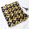 Close-up of silk-feel scarf with yellow and blue harlequin pattern and pixel horse detail - Yellow Blue Argyle Pixel Horse Style (FX-133)
